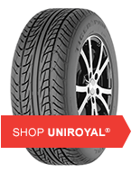 A Uniroyal tire on a black wheel, overlaid with a red banner that reads