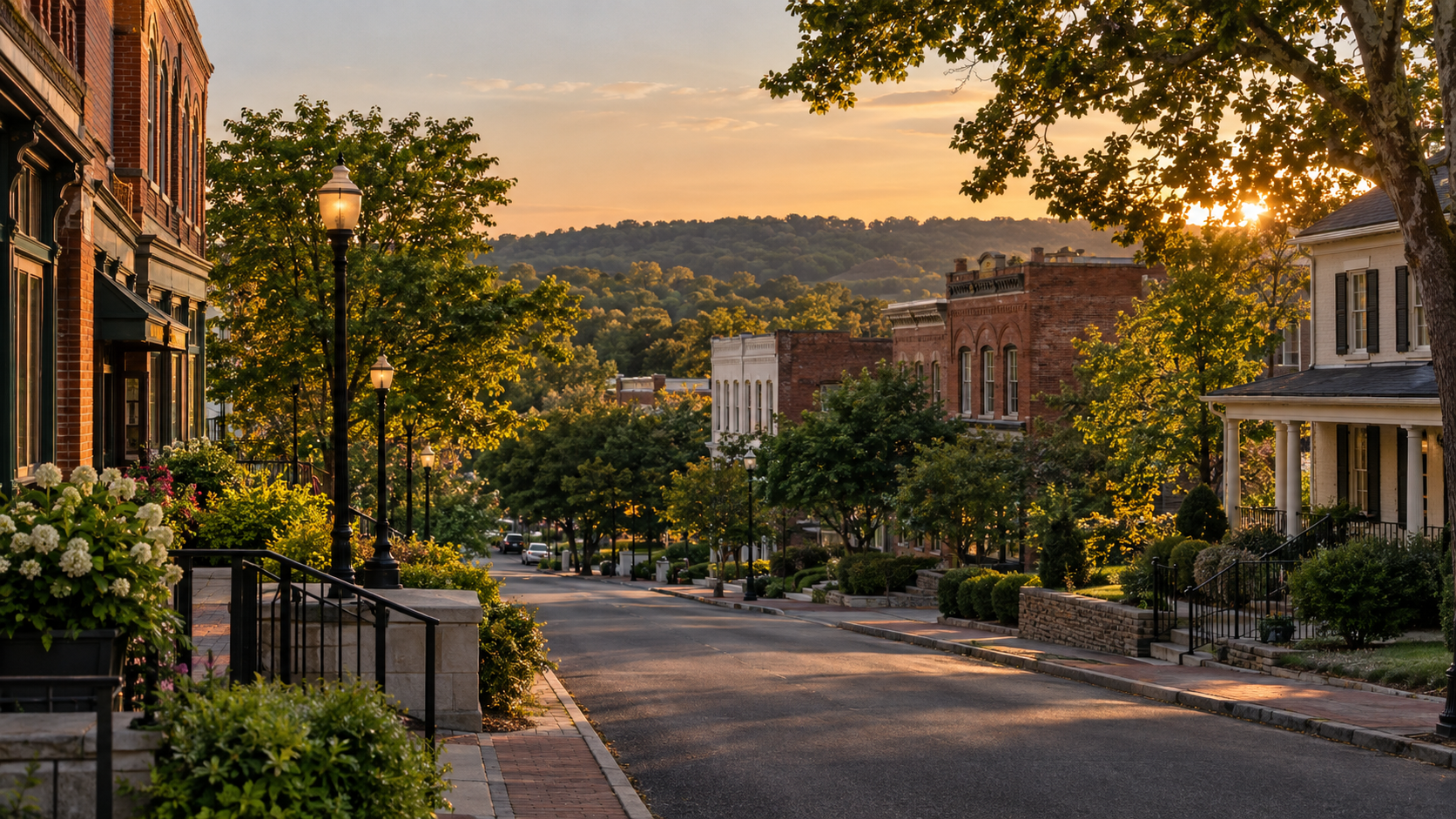 Historic Columbia, Tennessee neighborhood at sunset for a home-touring preparation guide serving Maury County buyers.