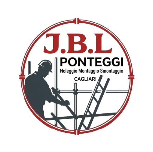 Logo for J.B.L Ponteggi: worker on scaffolding in red and black with “Noleggio Montaggio Cagliari” text