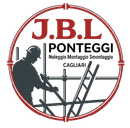 Logo per JBL Ponteggi con la silhouette di un operaio, un'impalcatura e un bordo circolare rosso su sfondo bianco.