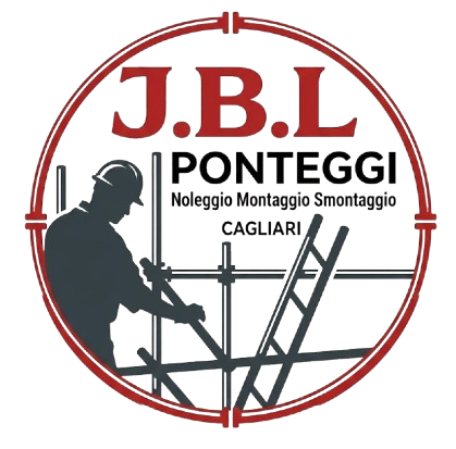 Logo per JBL Ponteggi con la silhouette di un operaio, un'impalcatura e un bordo circolare rosso su sfondo bianco.