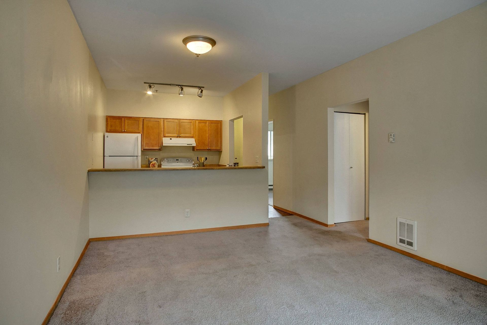 Apartment interior: beige walls, kitchen with wooden cabinets, carpet, white appliances.