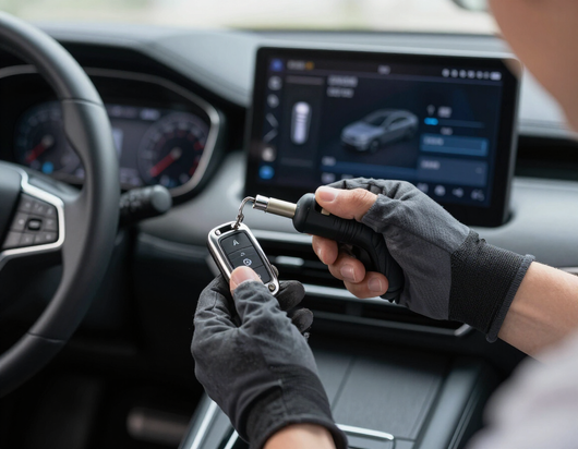 Gloved hands using a tool to repair a car key inside a vehicle with the dashboard visible