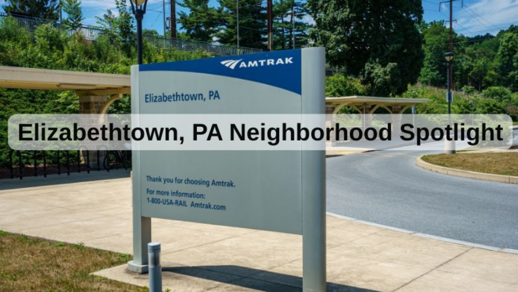 Elizabethtown, PA neighborhood spotlight sign beside a road on a sunny day