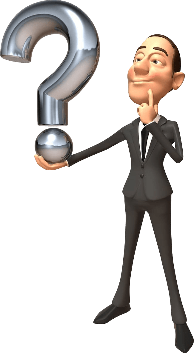 A cartoon figure in a suit standing and looking thoughtful, holding a large silver question mark.