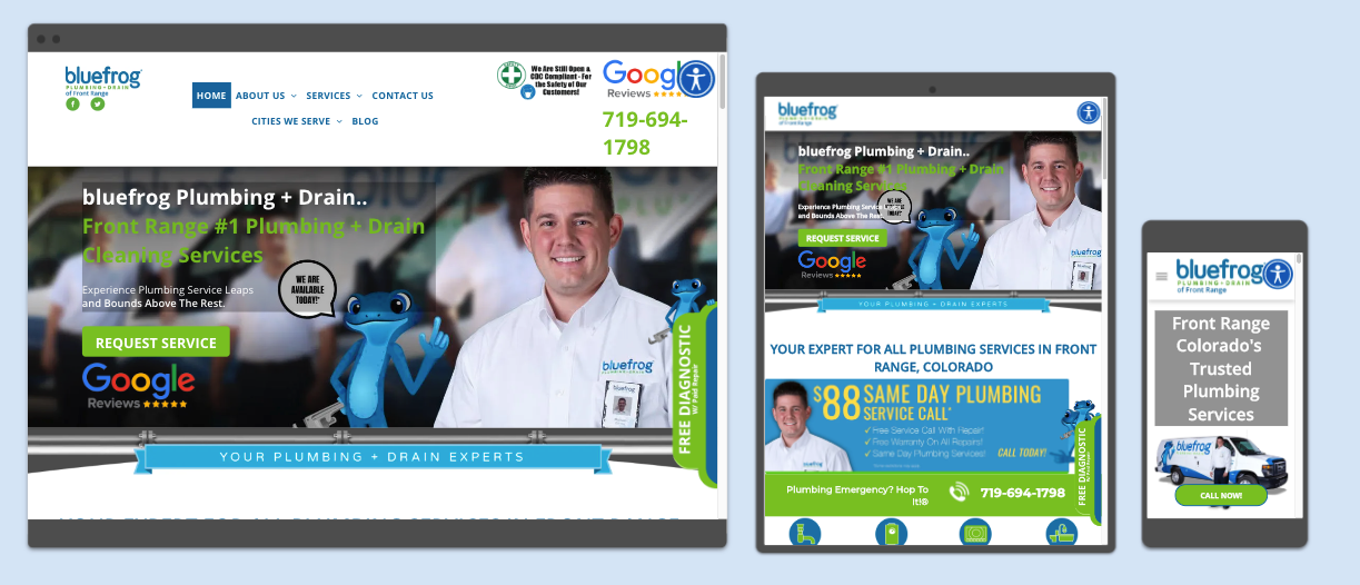 A display showing the Bluefrog Plumbing + Drain website on desktop, tablet, and mobile devices.