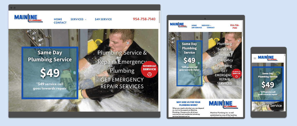 Responsive website mockup for Mainline Plumbing displaying service offers and contact information on three screen sizes.
