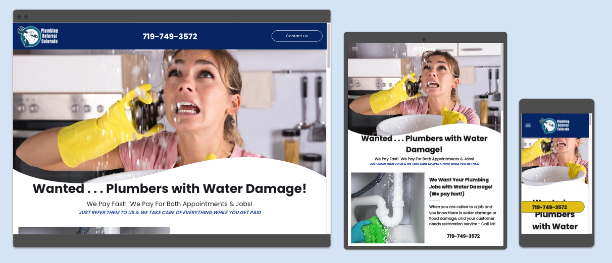 Three screens showing responsive web design for a plumber service with a woman wearing yellow gloves looking stressed.