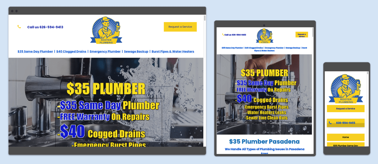 Responsive design display of a plumbing company website showing price offers for plumbing services on desktop and mobile.