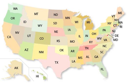 A map of the United States with each state labeled by its abbreviation and color-coded in muted tones.