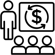 A presenter stands before a group, gesturing toward a screen showing a dollar sign inside a circular arrow.