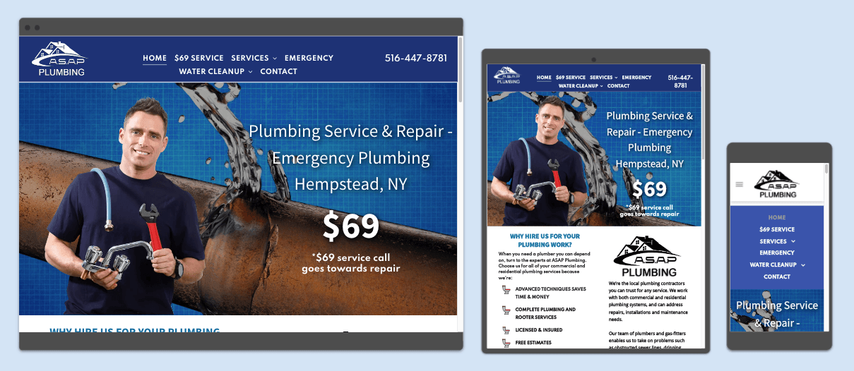 Responsive website display showing a plumber advertising a $69 plumbing service in Hampstead, NY.