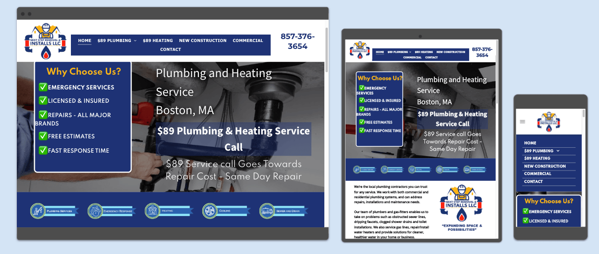 Three device screens (desktop, tablet, mobile) showing a blue and white plumbing service website with contact info.