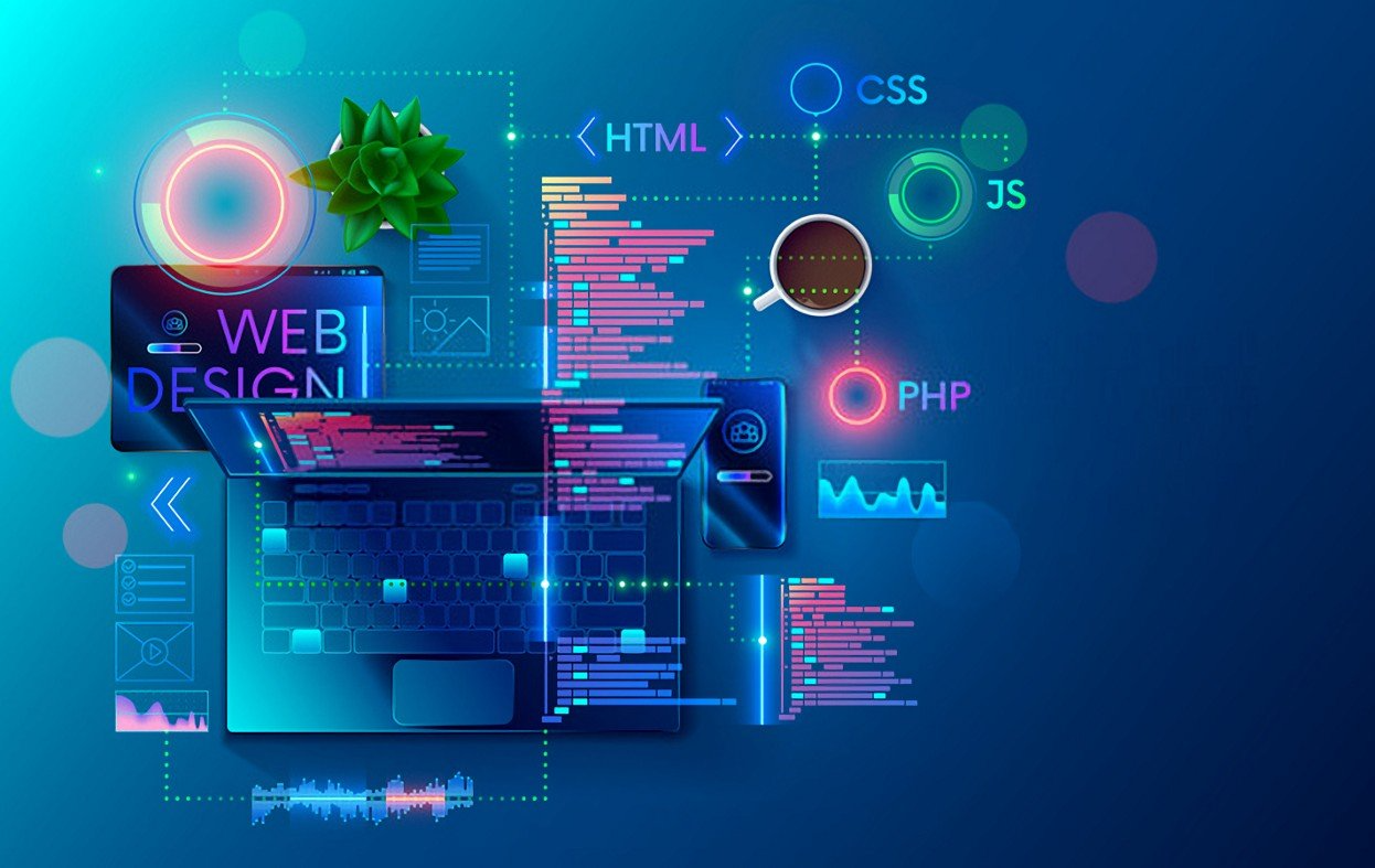 A blue-toned workspace featuring a laptop with code on screen, surrounded by glowing tech icons like HTML, CSS, and JS.
