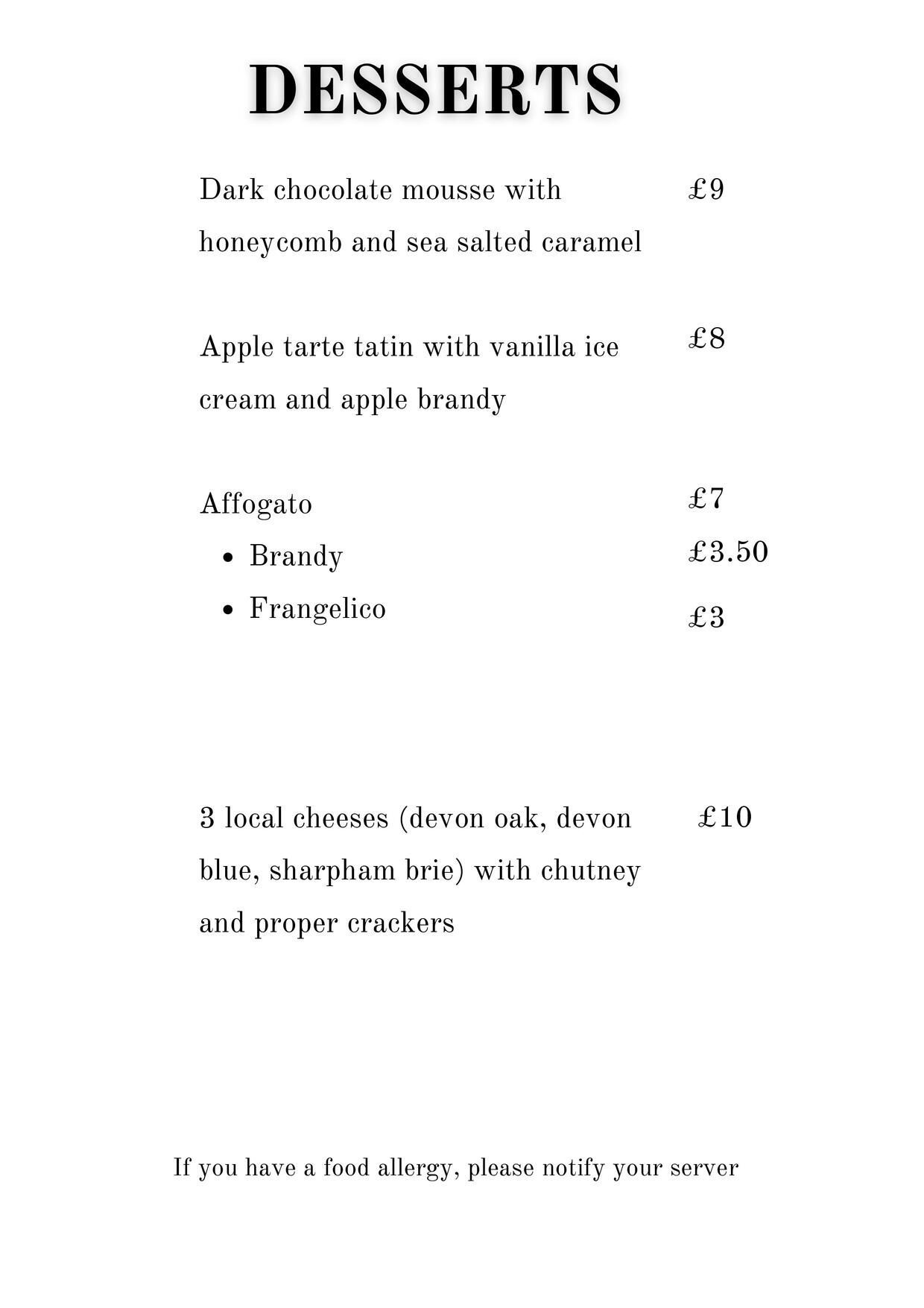 Puddings menu in black writing, on a white background with gps coordinates.