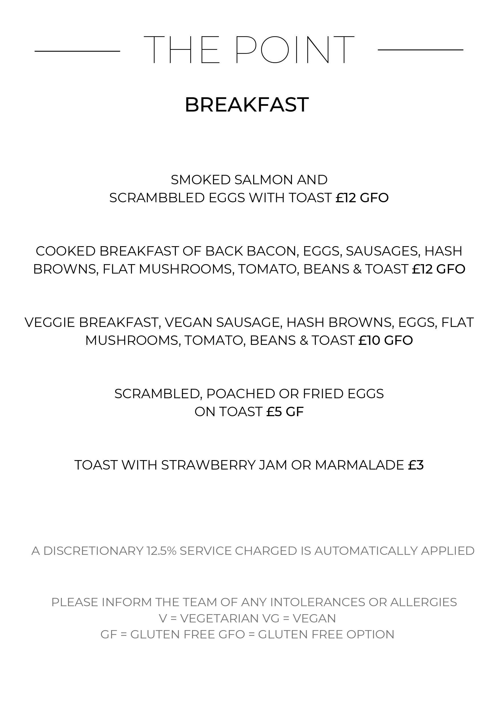 Breakfast menu in black writing, on a white background with gps coordinates.