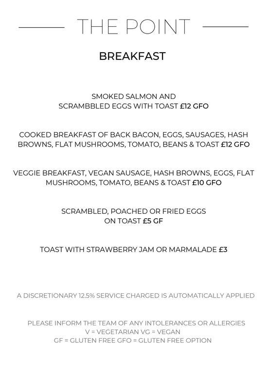 Breakfast menu in black writing, on a white background with gps coordinates.