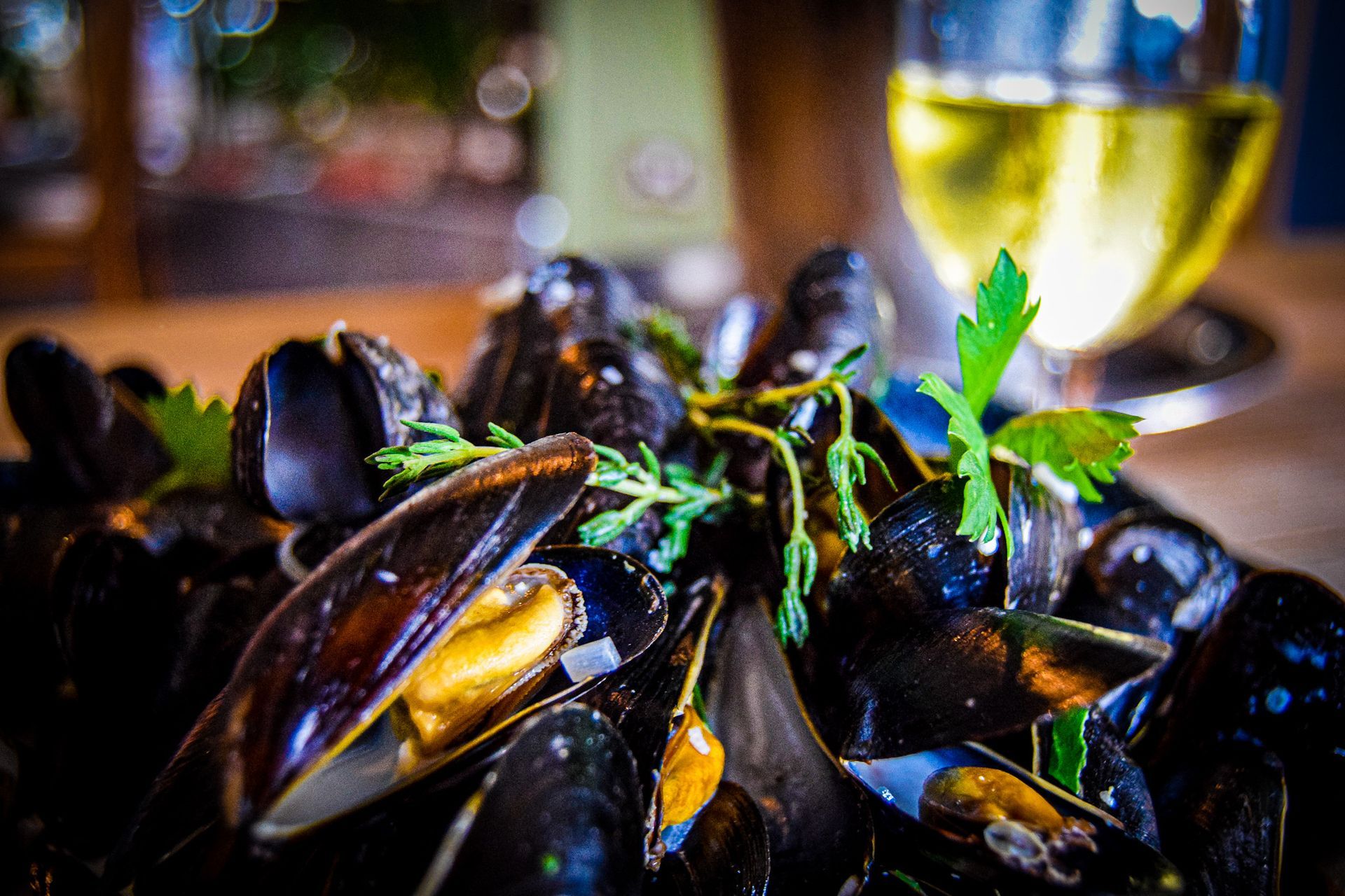 Exmouth mussels in a blue bowl with green herbs.