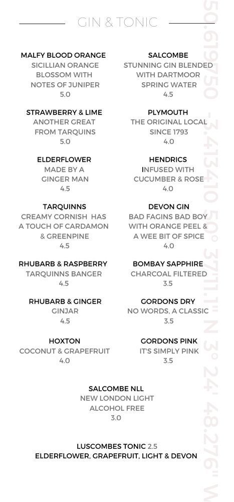 Gin & tonic menu in black writing, on a white background with gps coordinates.
