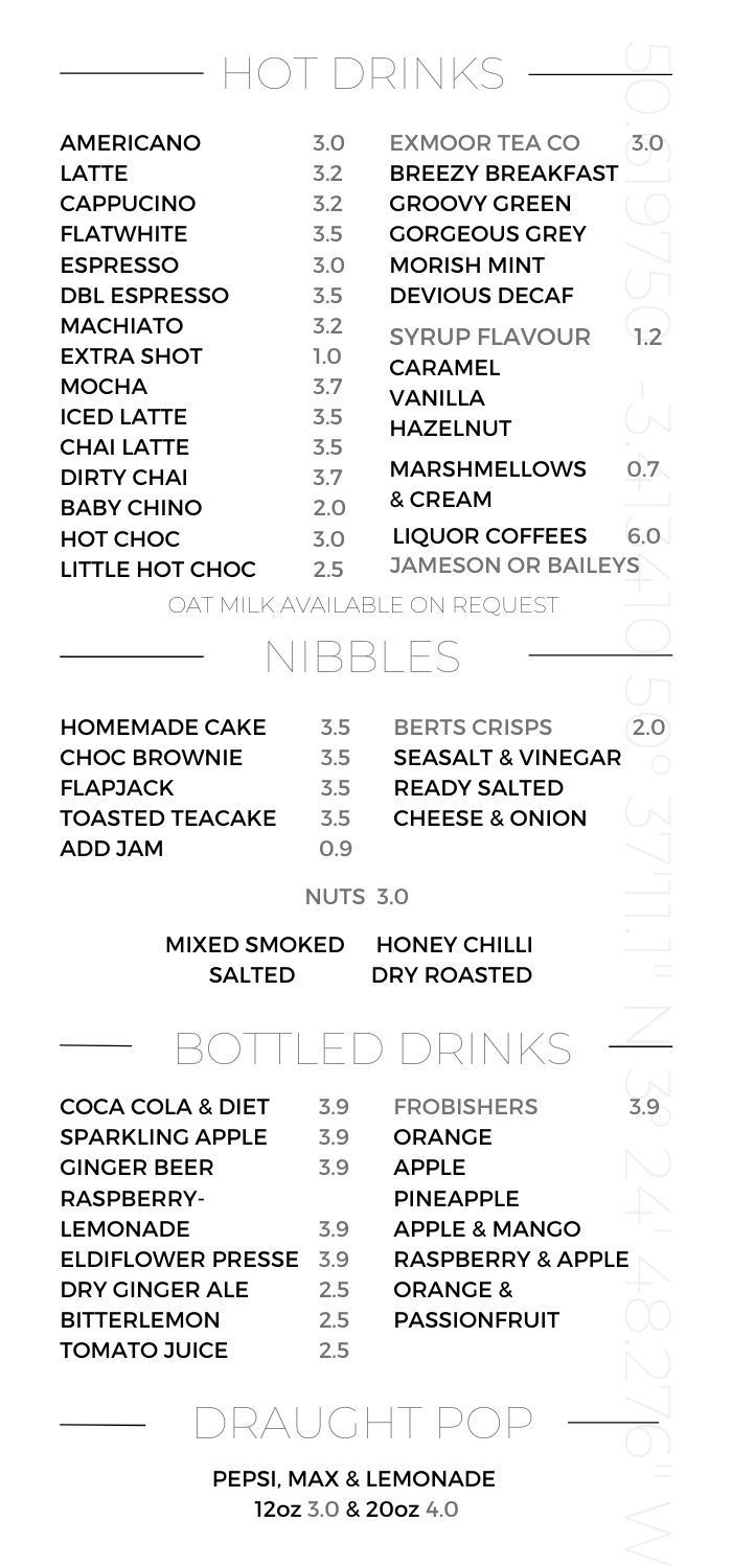 Hot drinks, nibbles, bottled drinks, and draught fizzy drinks in black writing, on a white background with gps coordinates.