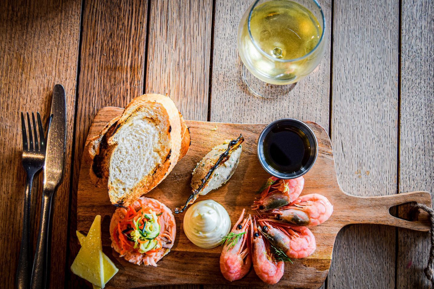Prawns, mackerel, and smoked salmon sharing board.