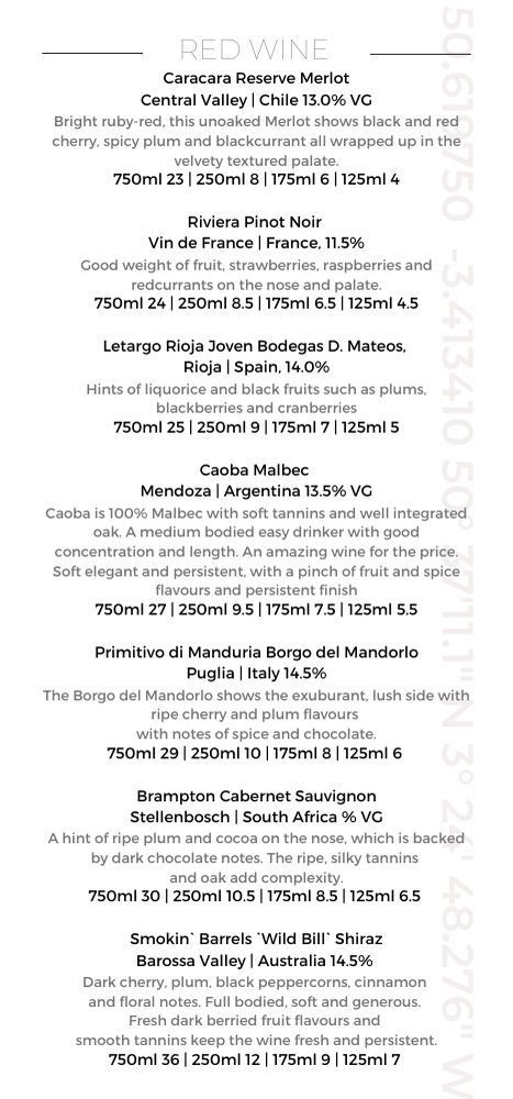 Red wine list in black writing, on a white background with gps coordinates.