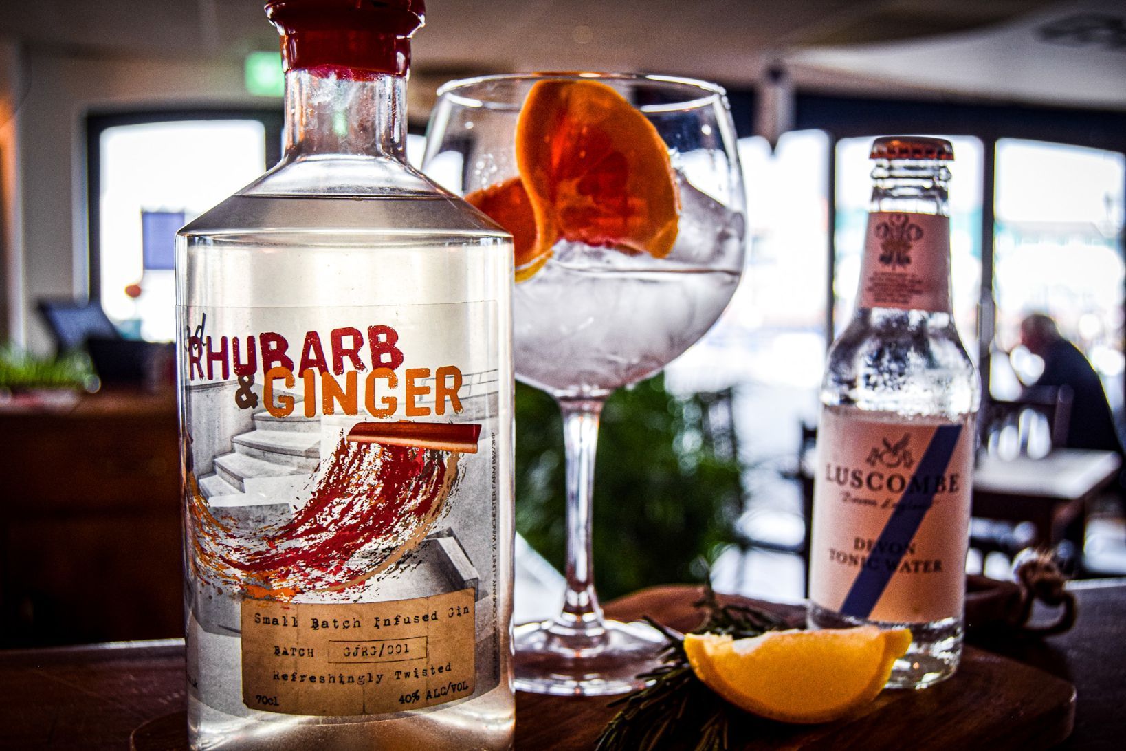 Rhubarb and ginger gin with tonic and grapefruit.