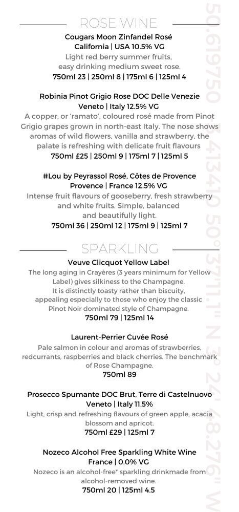 Rose wine and sparkling drinks including alcoholic, and non alcoholic Prosecco in black writing, on a white background with gps coordinates.