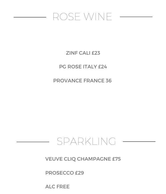Rose wine and sparkling drinks such as Prosecco and champagne in black writing, on a white background with gps coordinates.