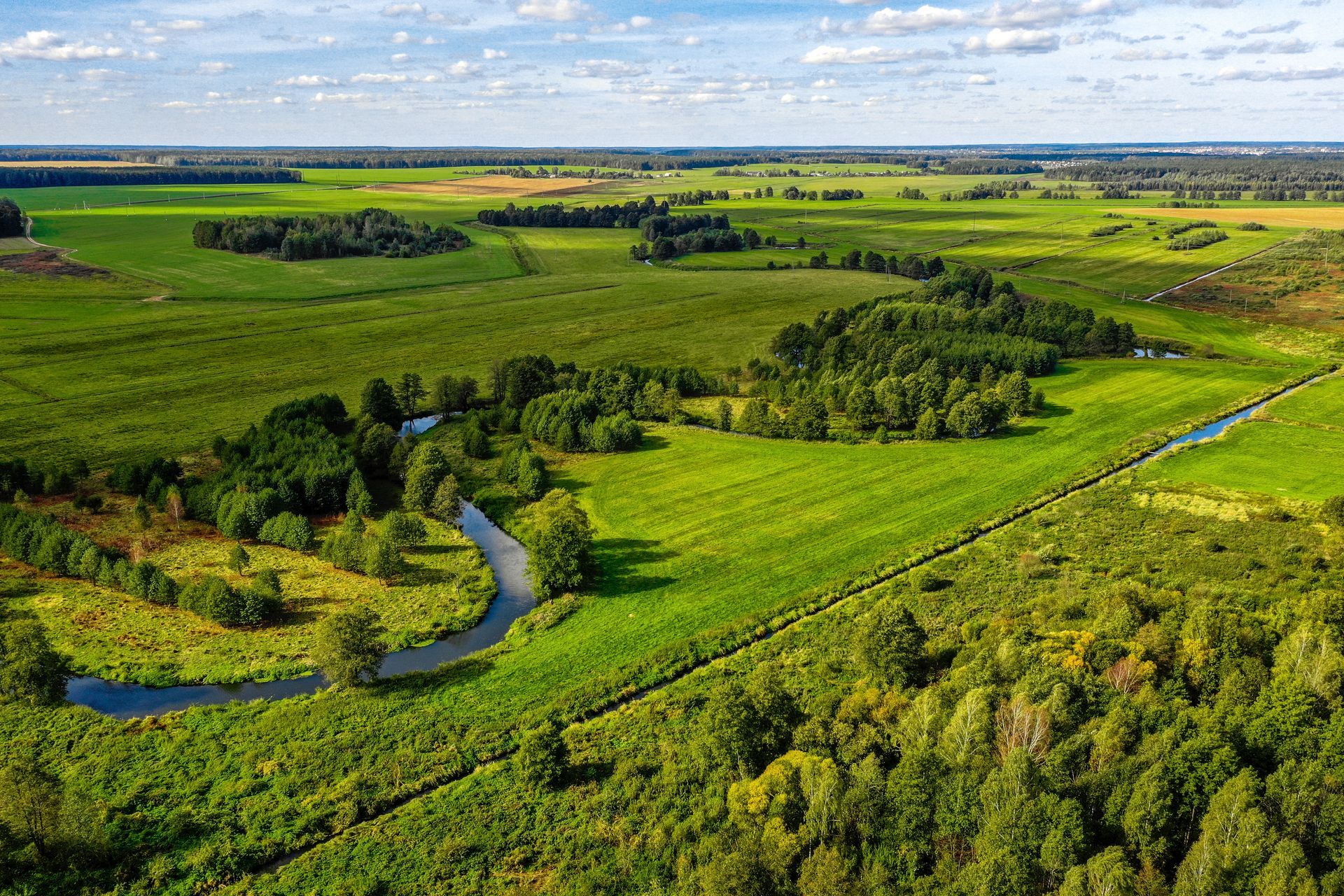 an aerial view of a river running through a lush green field .