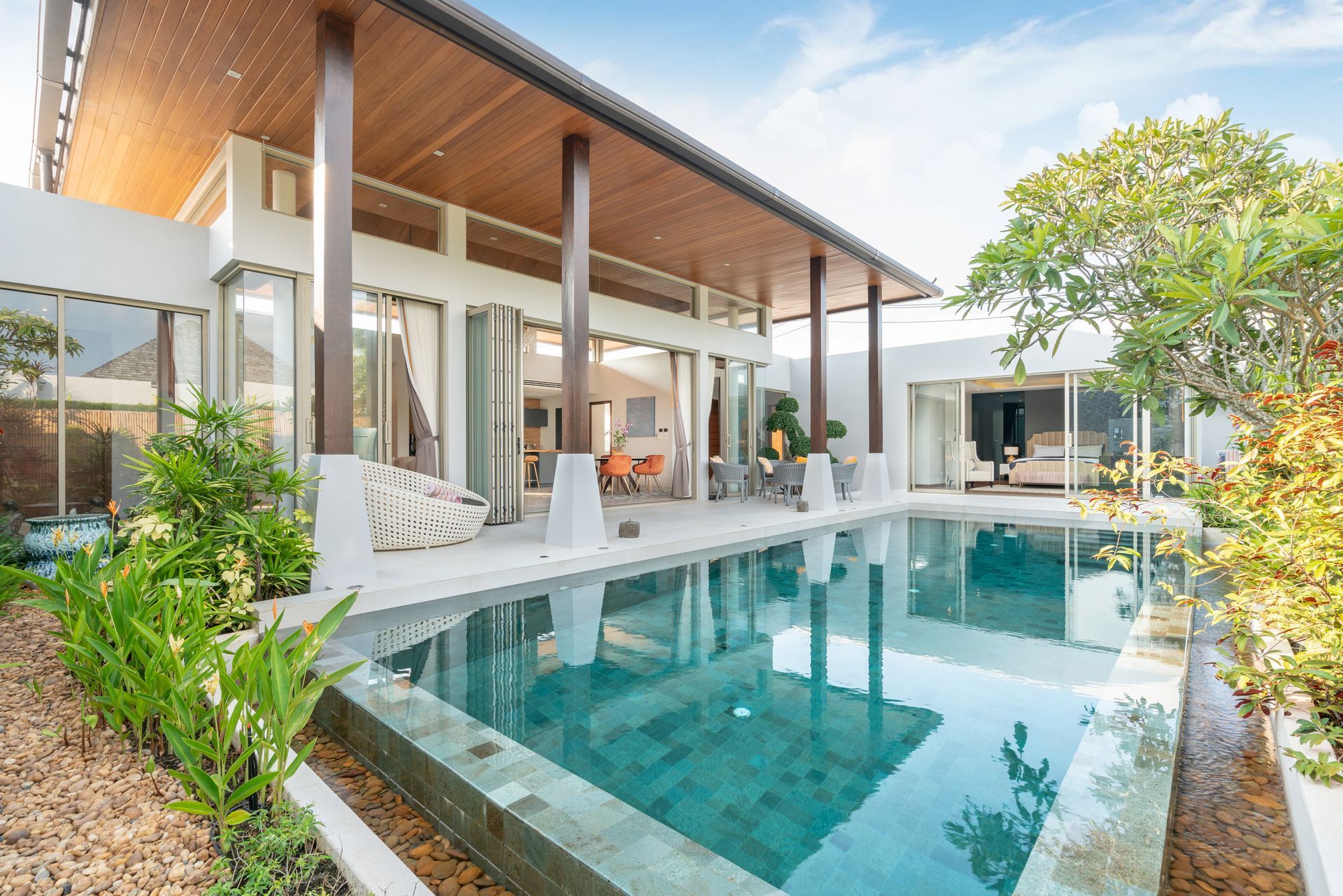 Luxury villa with pool. White building with glass walls, wood accents, and turquoise pool.