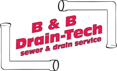 B & B Drain-Tech sewer and drain service logo in red with white pipe graphics