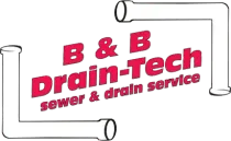 B & B Drain-Tech sewer and drain service logo in red with white pipe graphics