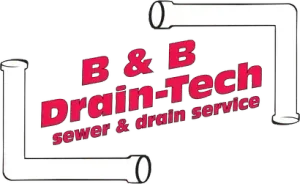 B & B Drain-Tech sewer and drain service logo in red with white pipe graphics