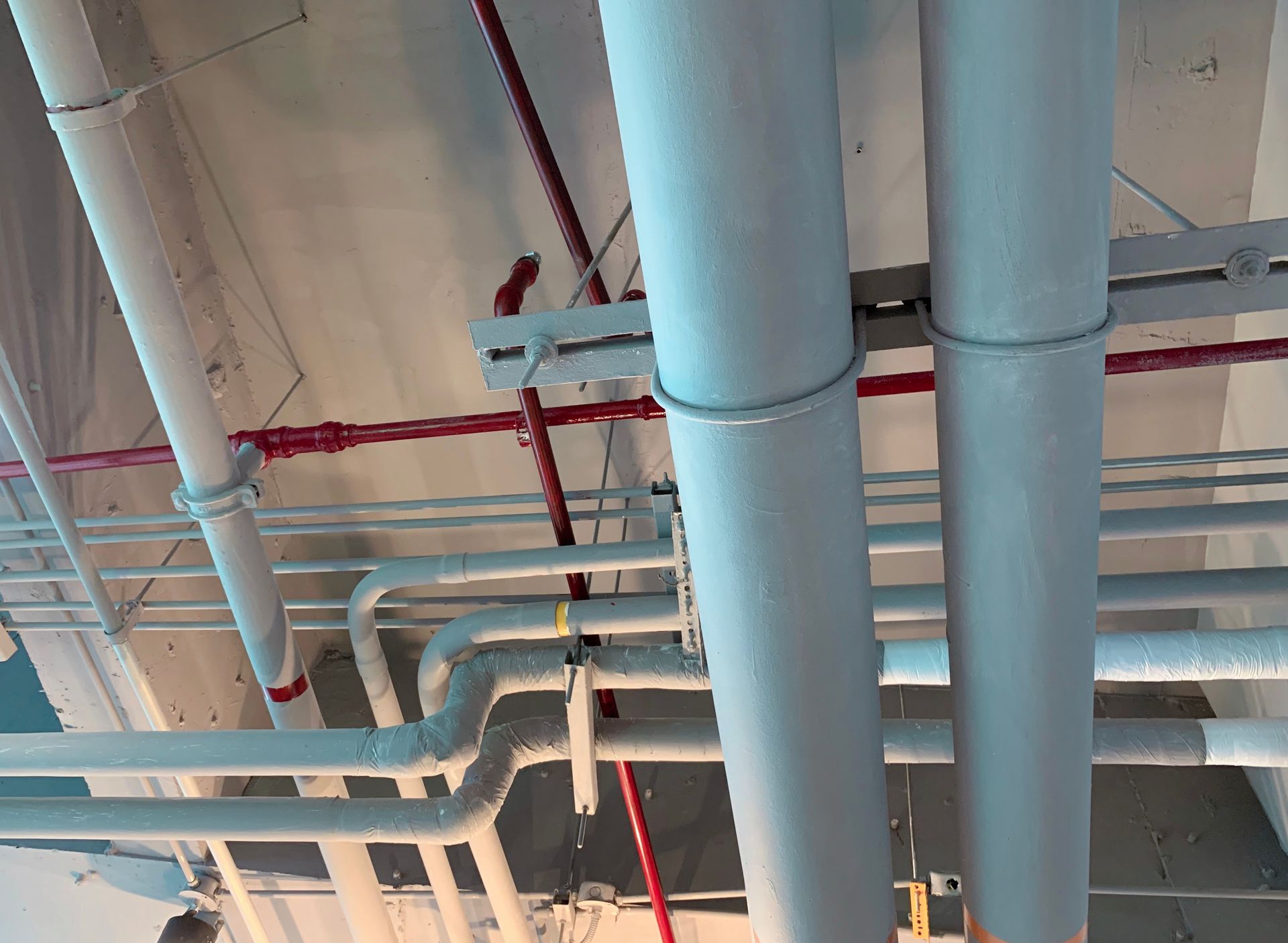 Ceiling with exposed light blue and white industrial pipes and red sprinkler lines
