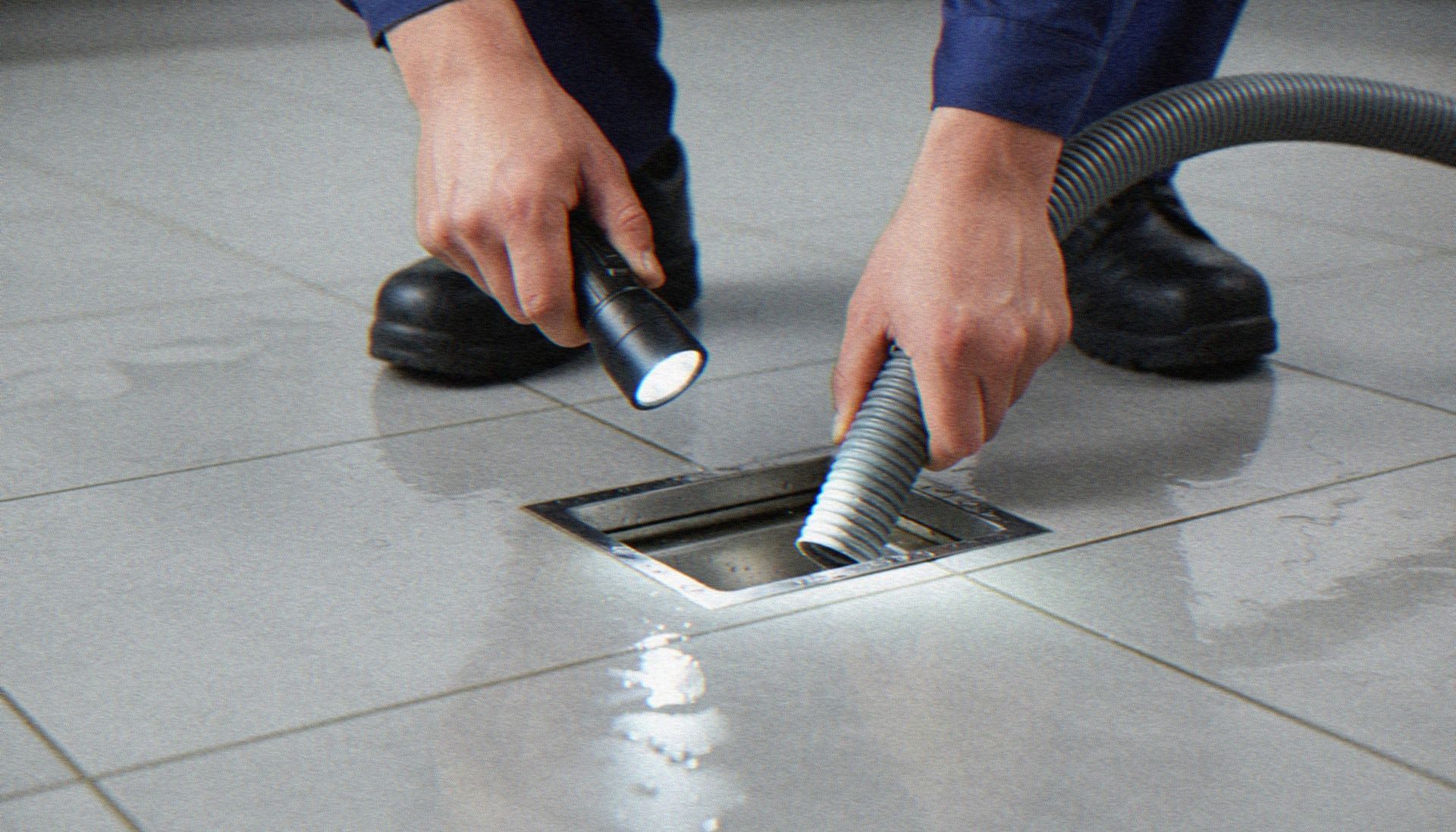 Person cleaning a floor drain with a flashlight and hose on gray tiles