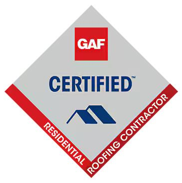 GAF Certified Residential Roofing Contractor badge with red, white, blue and gray diamond design