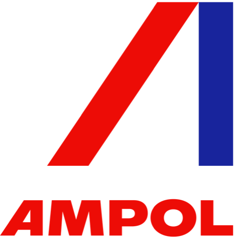 A red and blue logo for ampol on a white background