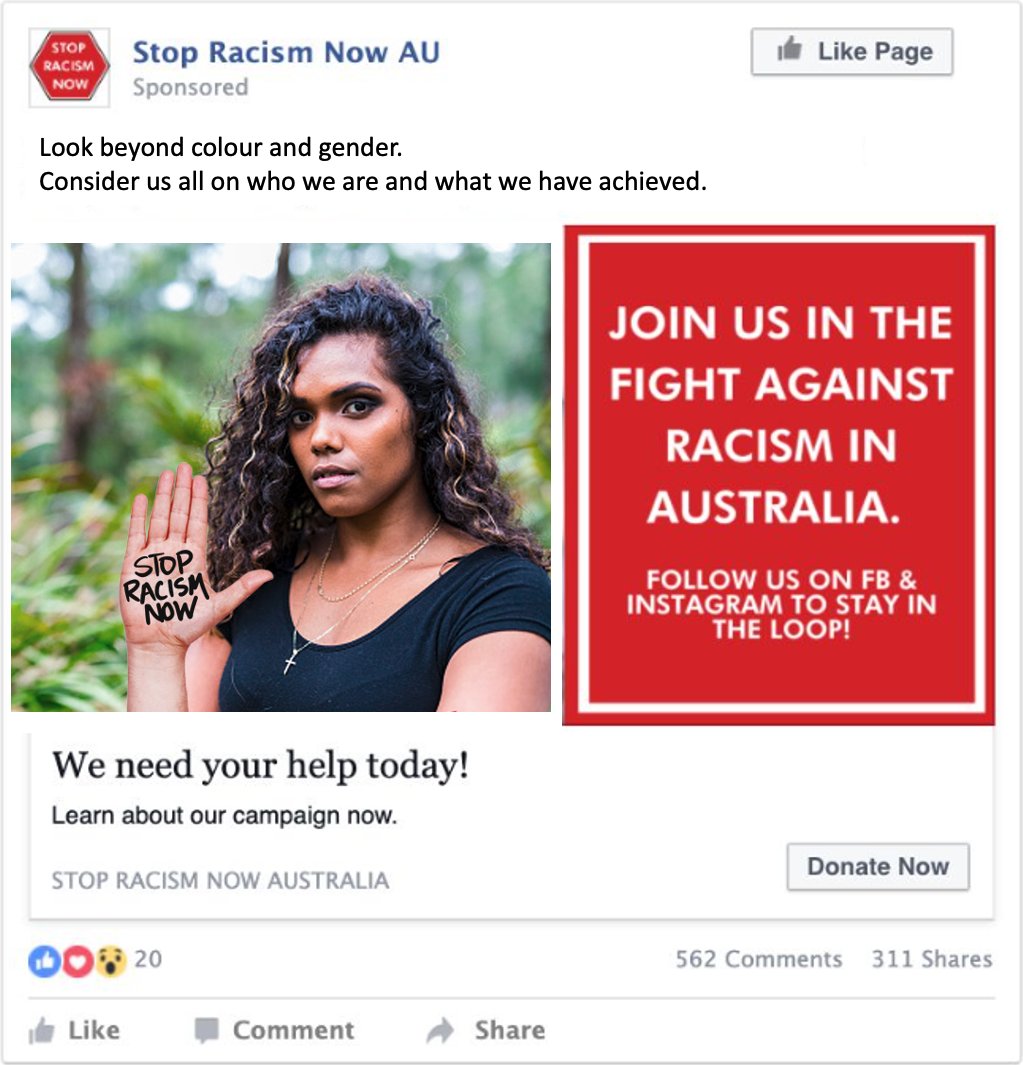 An advertisement for stop racism now au shows a woman holding her hand up