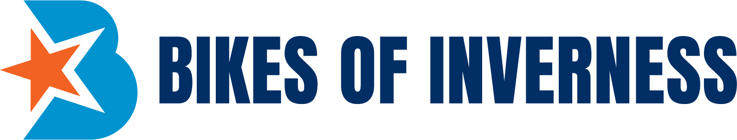 the letter b is in a blue circle with an orange star , stating bikes of inverness