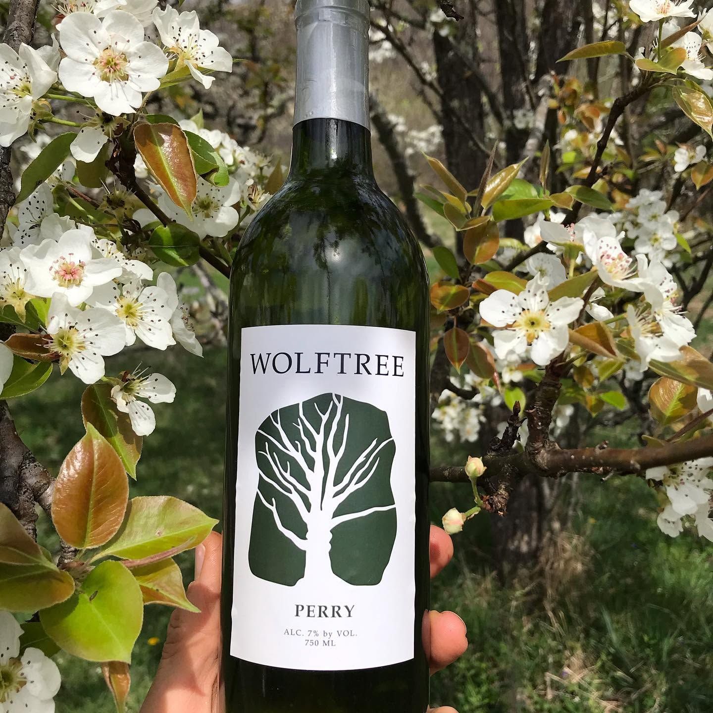 Wolftree Pecky wine bottle held up against white blossoms and green leaves outdoors