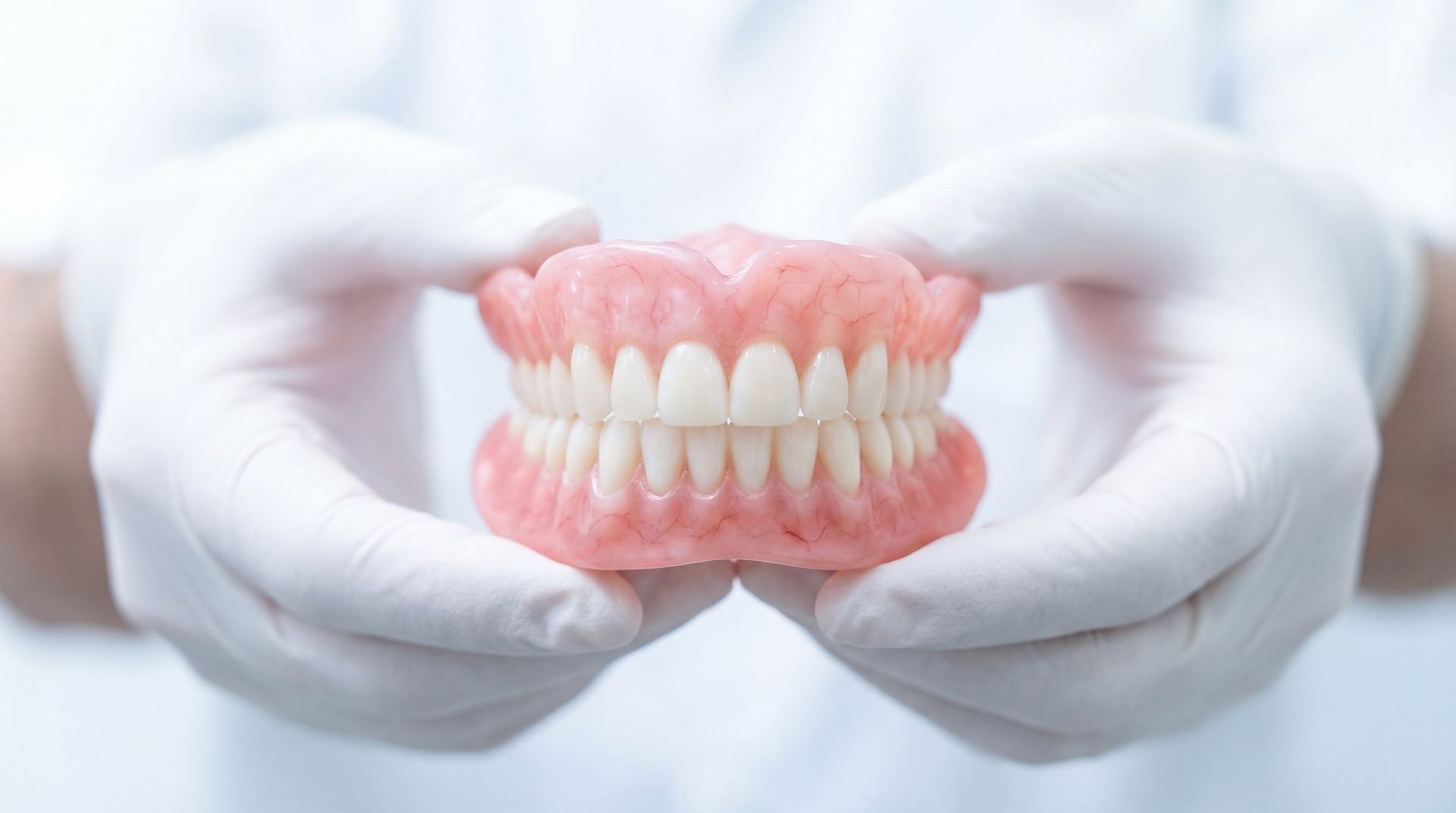 Gloved hands holding a full set of dentures.