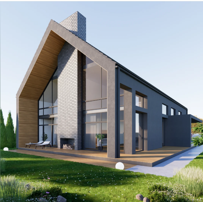 Maison moderne à deux étages avec un toit pentu, de grandes fenêtres et un extérieur en bois et gris dans une cour gazonnée