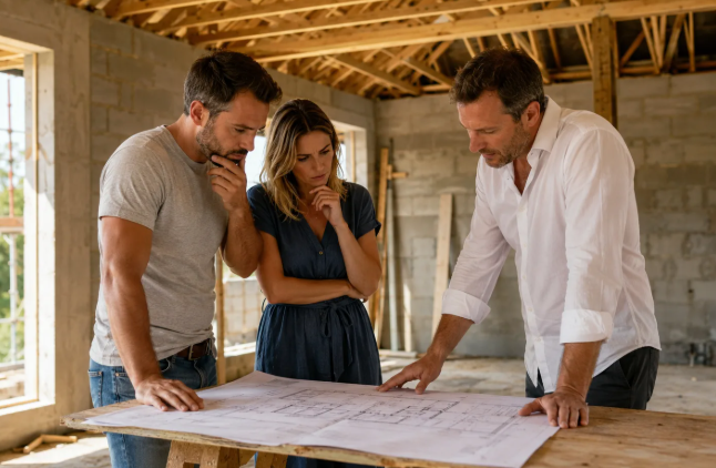 Trois personnes examinent des plans sur une table à l'intérieur d'une maison en construction.