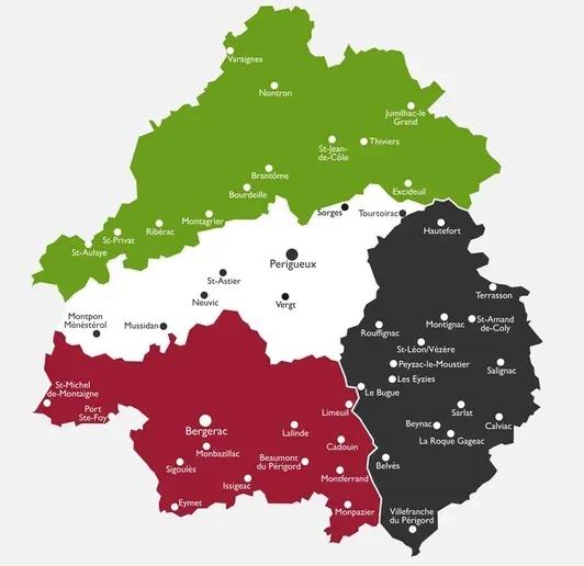 Carte en couleurs avec des régions vertes, rouges et noires délimitées par des villes et des routes identifiées.