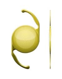 A pair of yellow contact lenses on a white background.