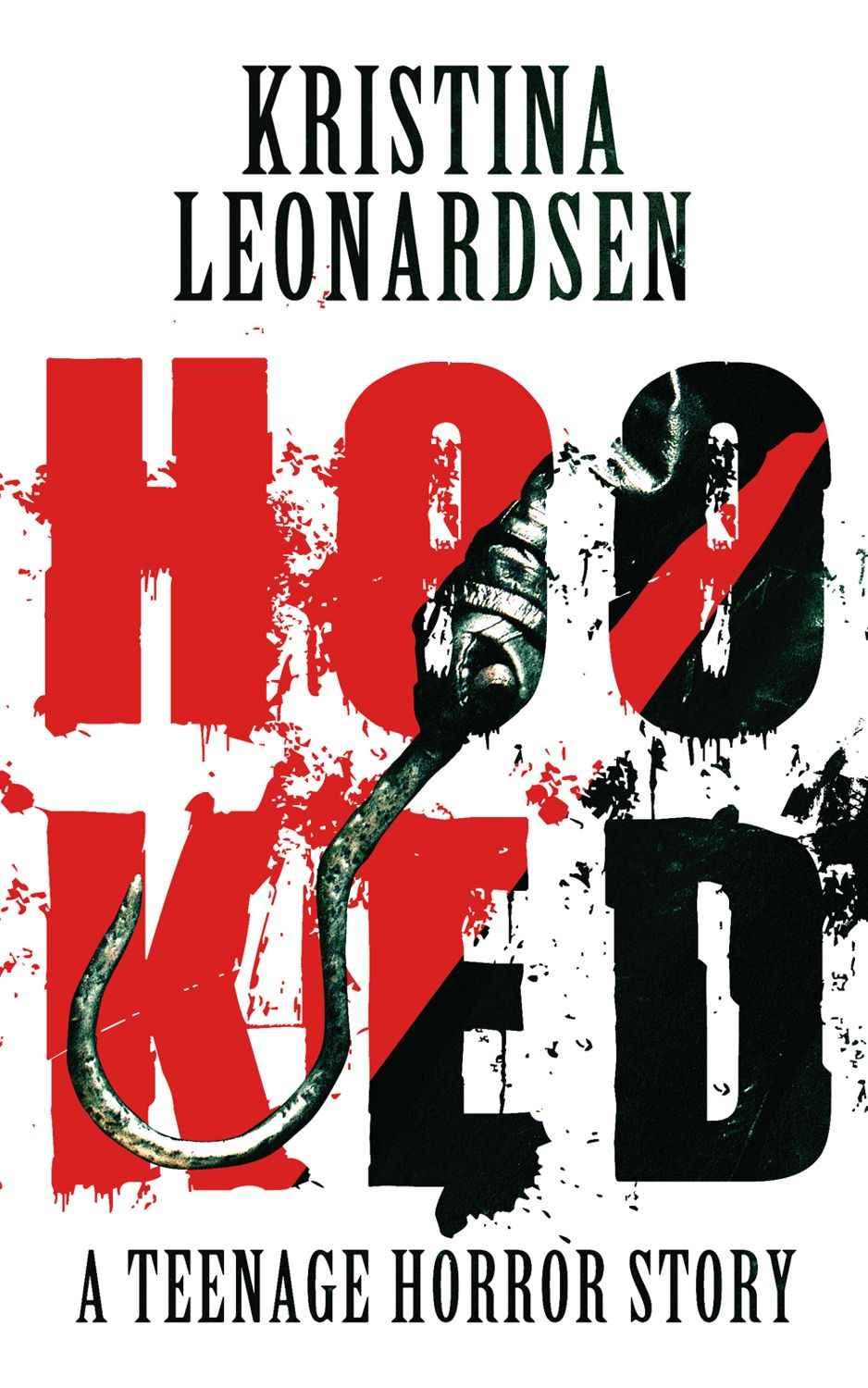 Cover of horror novel Hooked with orange and teal marbled swirls, white title text, and an arm holding a slaughter hook
