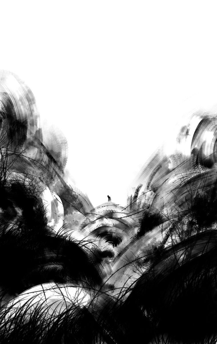 Brush-stroke illustration of rolling grassy hills with a small figure kneeling in agony, evoking isolation and emotion