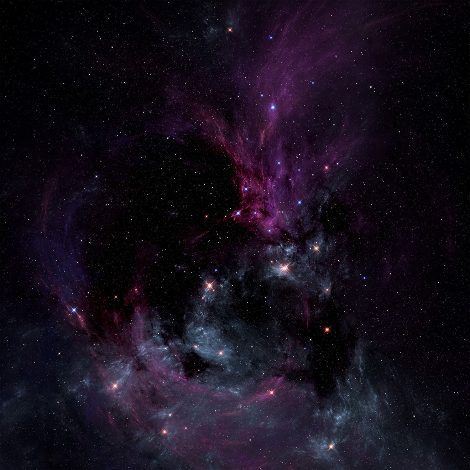 Dark nebula with purple and blue cosmic dust clouds and bright stars creating dramatic celestial formation in deep space
