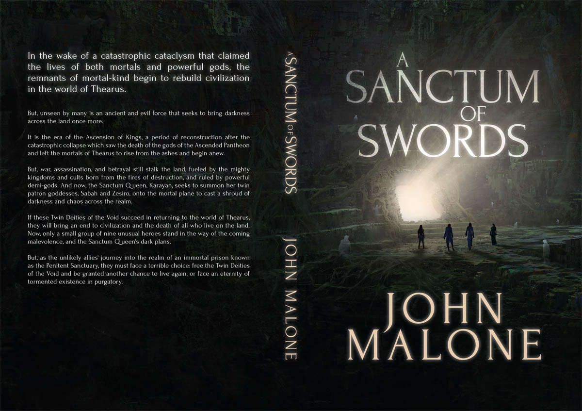Cover of A Sanctum of Swords showing four characters in an overgrown abandoned temple with spirits near a glowing gate
